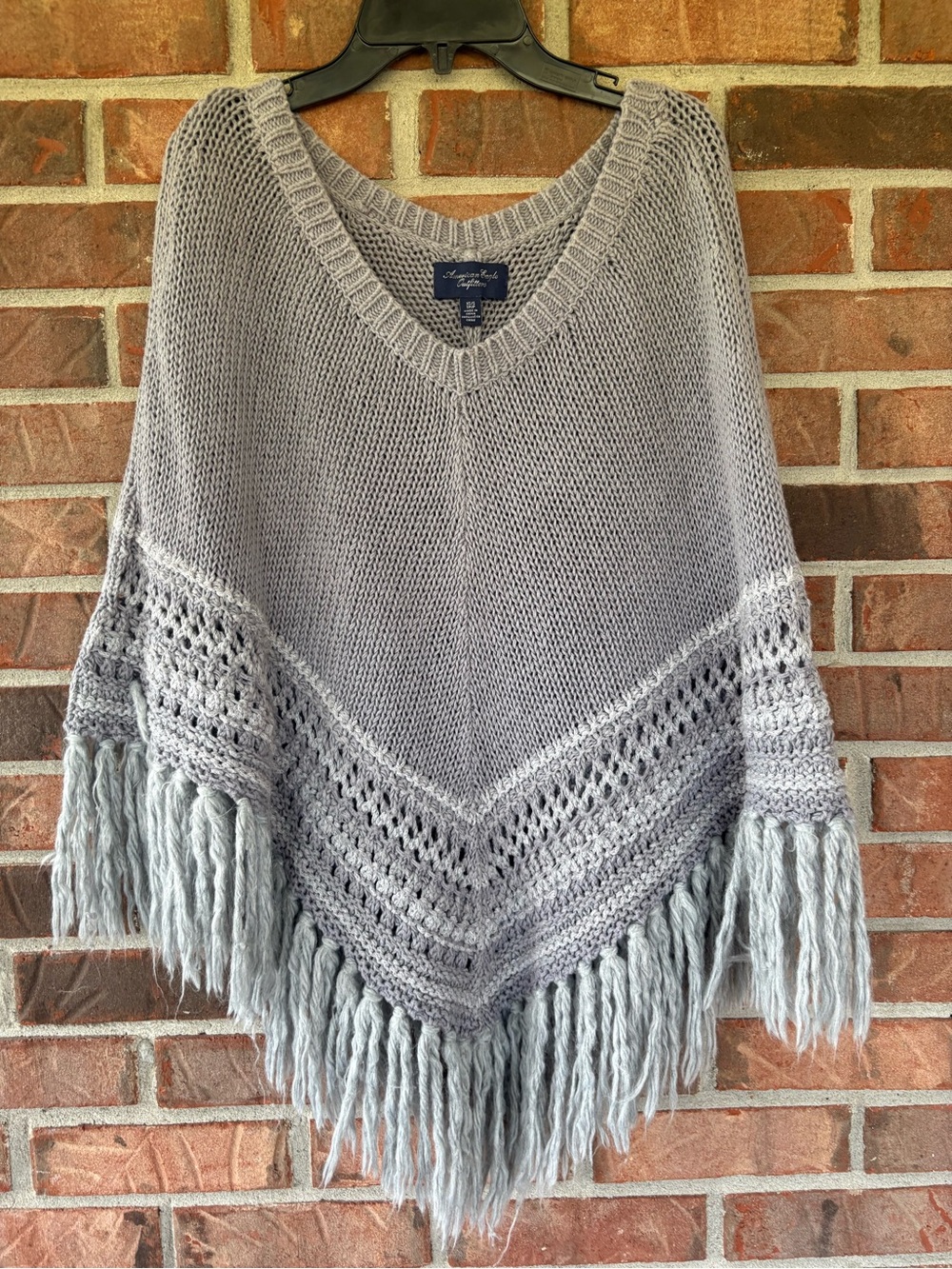 American Eagle outfitters Light Gray Fringe Knit Poncho Sweater